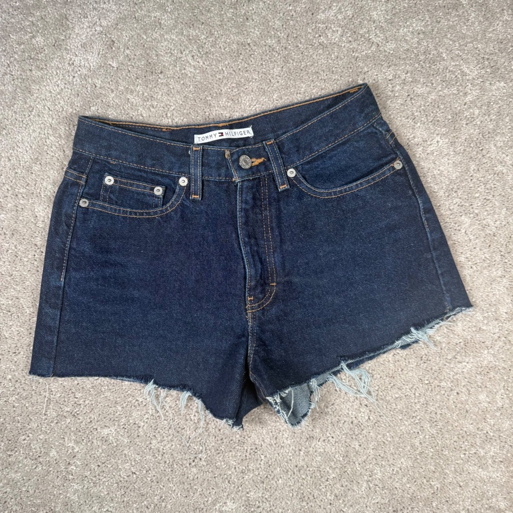 VTG Tommy Hilfiger High Rise Denim Shorts Dark Wash Cut Off Raw Hem Size 4